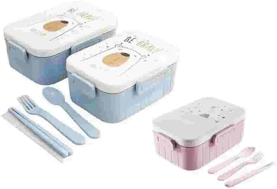 Lancheira Infantil BPA Free com Talheres, Divisórias e Travas – Compacta, Sustentável e Segura para Escola e Passeios! (Urso)