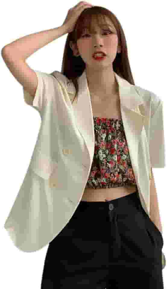 Blazer feminino de manga curta casual de cor doce coreana, caimento solto, cor lisa, lapela entalhada