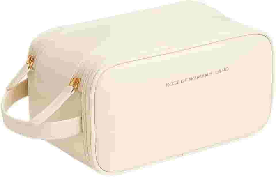 Necessaire Bolsa Organizadora de Maquiagem Couro Sintético Grande Capacidade com Duas Camadas, Alça Lateral, Divisórias Internas e Suporte para Pincéis – Ideal para Viagem (Gelo)