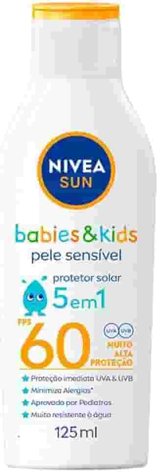 NIVEA SUN Protetor Solar Kids & Babies Pele Sensível FPS 60 125ml - Infantil, muito alta proteção UVA/UVB, minimiza o surgimento de alergias, muito resistente à água com proteção imediata