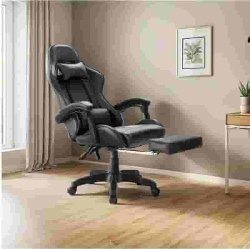 Cadeira Gamer Ergonômica para Escritório, Reclinável, Couro Sintético, Preto, Estilo Gaming, Confortável