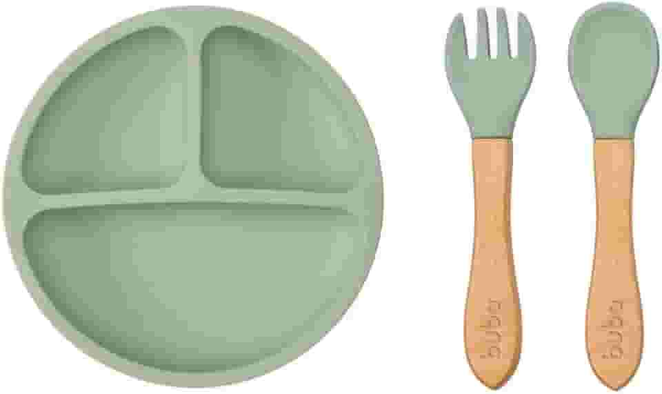 Kit Alimentação Silicone Buba 2pçs Prato Talher Bambu Verde