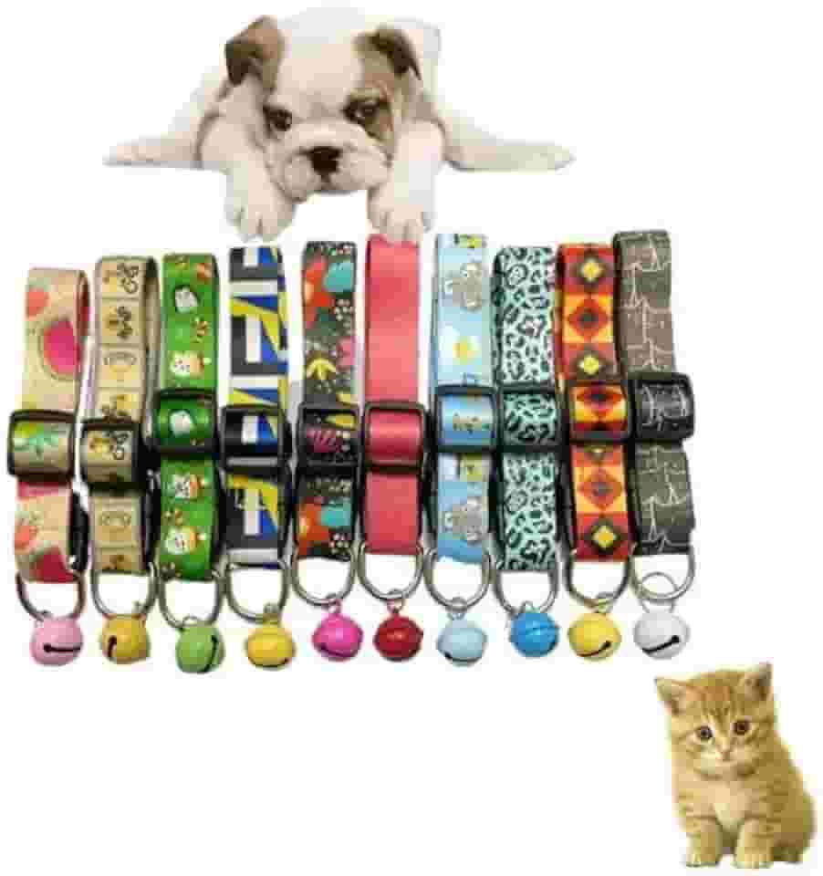 Coleiras Ajustáveis para Pets com Sino, Kit com 5 Unidades, Estampas Divertidas, Ideal para Cães e Gatos