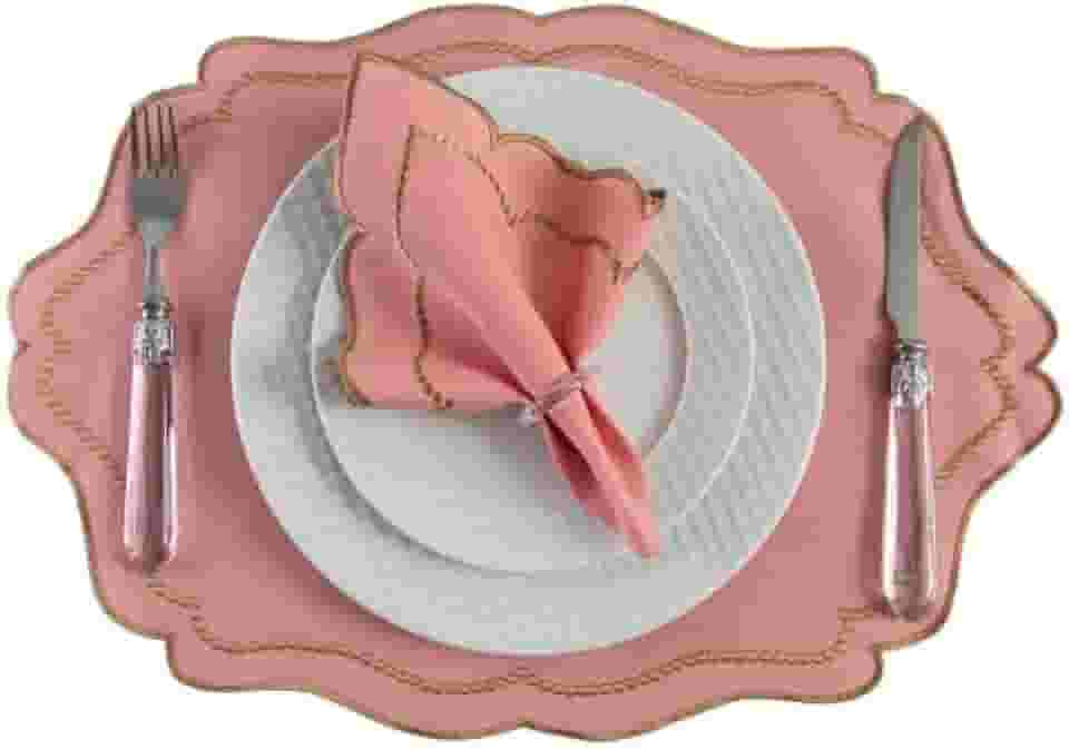 Linha Realeza Jogo Americano e Guardanapo, com Bordado Dourado, 12 Peças 6 Lugares, 50x35cm, Mesa Posta Sousplat (Rose)