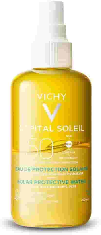 Vichy Capital Soleil Água Solar Protetora Corporal Hidratante com Textura Aquosa Ultraleve, Ácido Hialurônico e Vitamina E, Proteção Avançada UVA/UVB e Radicais Livres FPS50 200ml