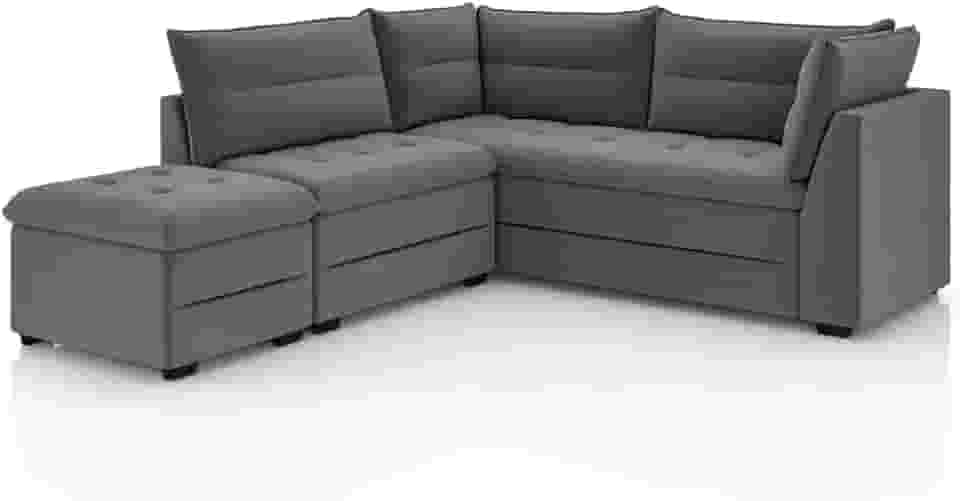 Sofá de Canto com Puff Monte do Seu Jeito Benfica Veludo Cinza Luizzi