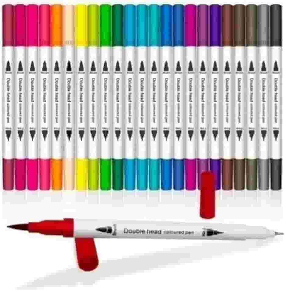 Caneta Brush Pen Kit 24 Cores 2 em 1, Pontas Pincel e Fina, Canetinha Dupla para Lettering, Escolar, Colorir, Desenho