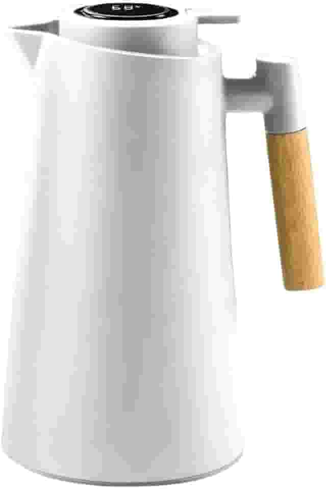Garrafa Térmica 1L com Termômetro Digital LED e Cabo de Madeira – Para Café, Chá e Bebidas Quentes ou Frias – Design Moderno e Sofisticado para Mesa Posta e Cozinha – (Branco)