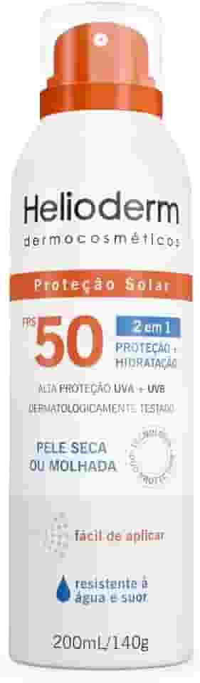 Protetor Solar Helioderm Suncare Spray FPS 50 200ml 2 Em 1 Hidratação E Proteção UVA UVB – Uso Em Pele Seca Ou Molhada