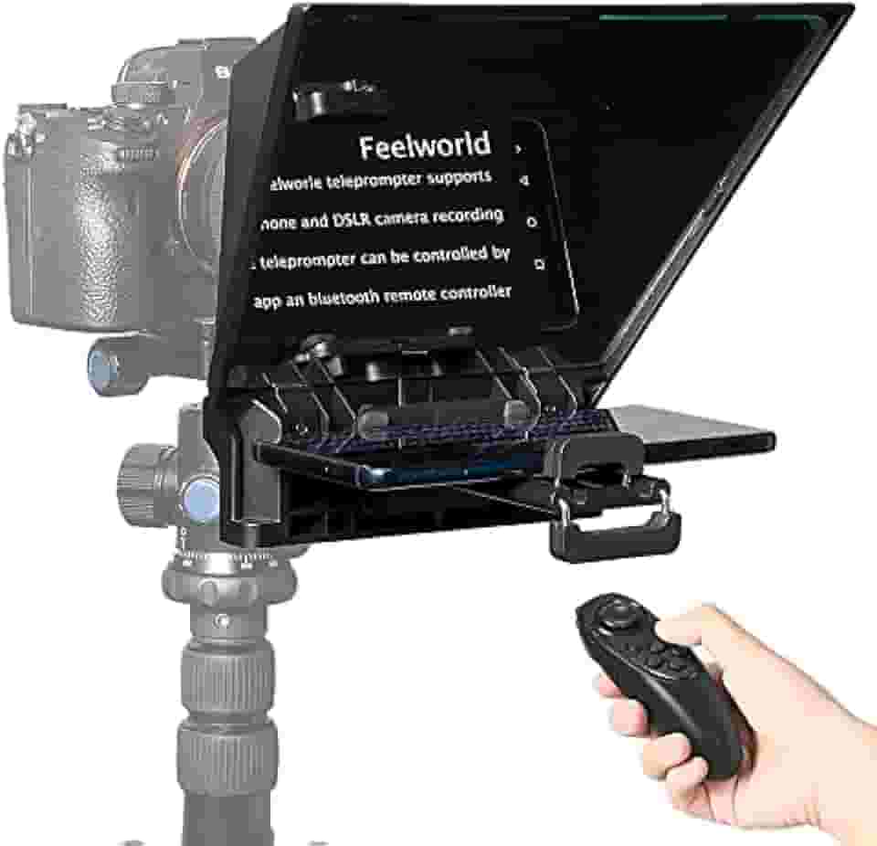 FEELWORLD TP2 Teleprompter Portátil de 8 Polegadas para Laptop, Câmera DSLR, Tablet, Smartphone, iPad - Com Controle Remoto, Sem Necessidade de Montagem de Parafusos