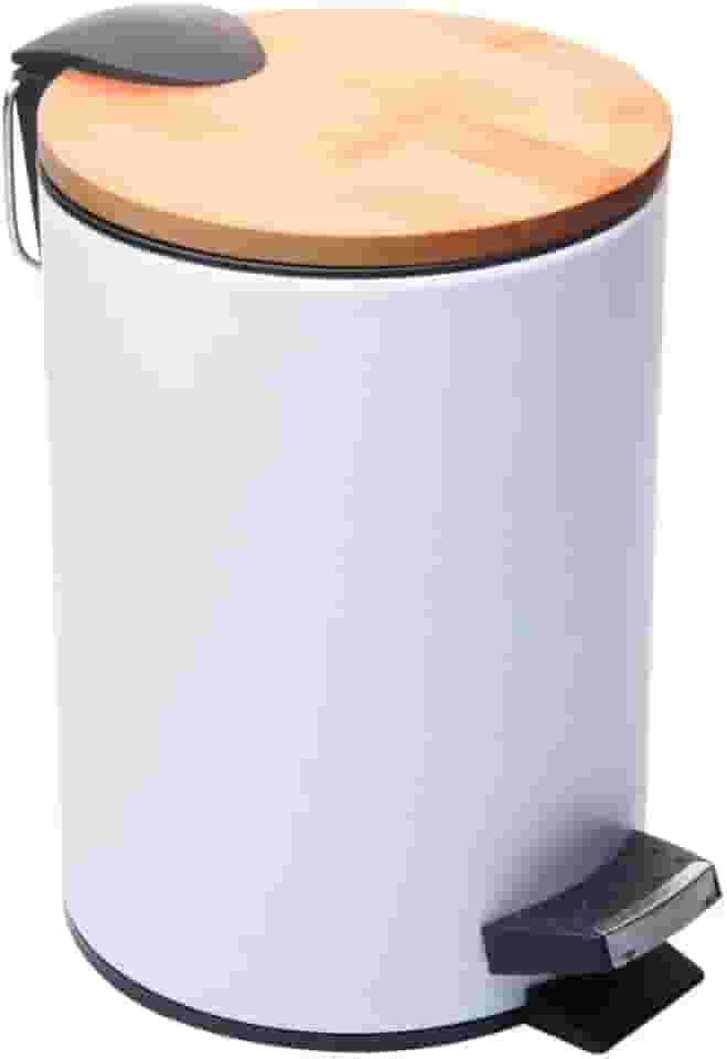 LYOR - Lixeira Redonda De Metal Com Pedal e Tampa Em Bambu Branca 5L