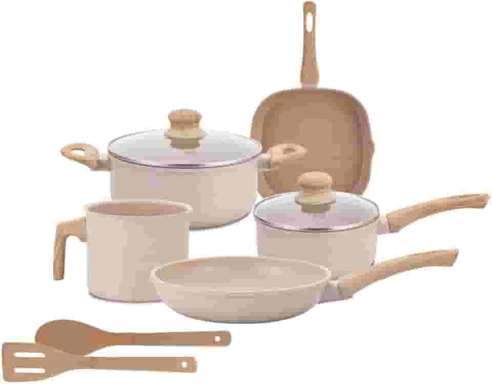 Jogo de Panelas Indução Antiaderente 7 Peças, Revestimento Cerâmico, Alumínio e Fundo Triplo (Vanilla)