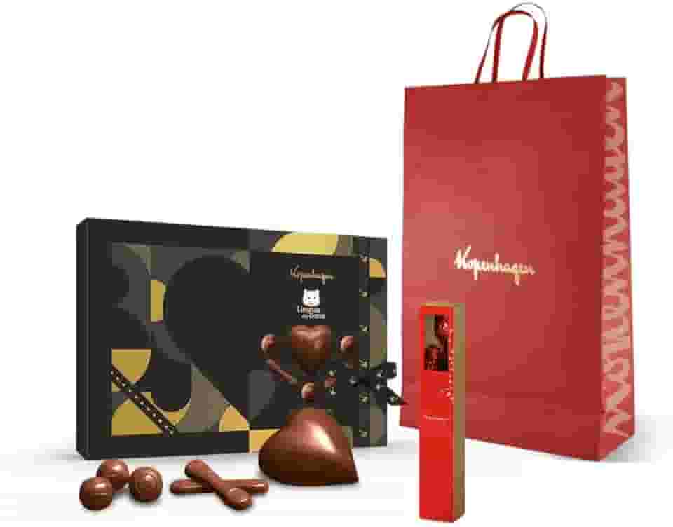 Conjunto de Chocolates Kopenhagen Presente de Namorados, Coração, Língua de Gato e Botão de Rosas