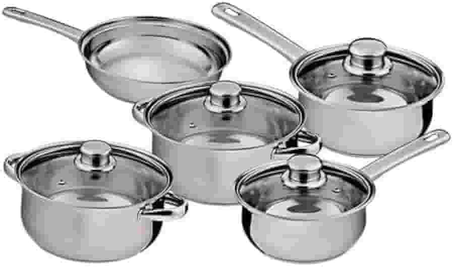 Conjunto de Panelas em Aço Inox 5 Peças com Tampas de Vidro Temperado – Panelas, Caçarolas e Frigideira com Design Moderno, Resistente e Sofisticado, Ideal para uma Cozinha Prática e Elegante.