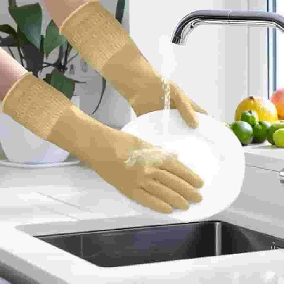 Luvas de borracha para limpeza com punhos longos, impermeáveis para lavar louça, luvas domésticas com aderência para cozinha e banheiro (marrom, G)