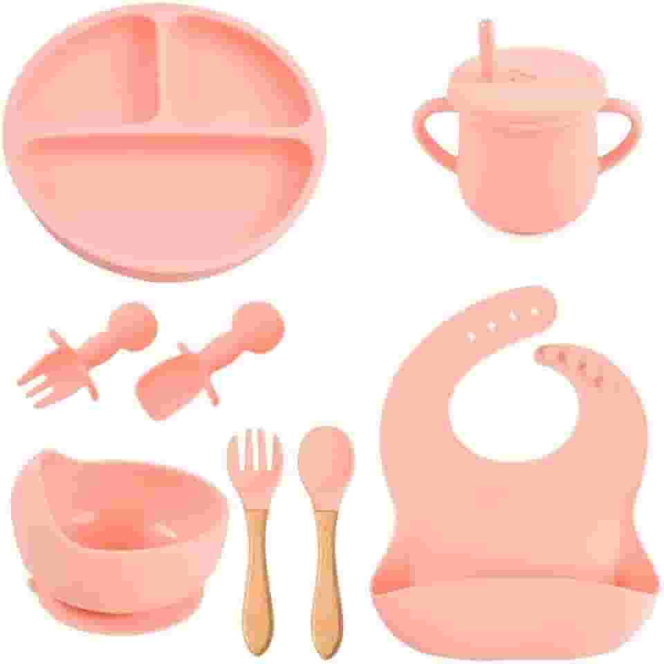 Kit Introdução Alimentar Bebe 8 Peças Silicone Iniciação Para Alimentos Livre de BPA Atóxico Antibacteriano Seguro Sem Pontas Colher, garfo, copinho, pote e pratinho Criança 6 meses Rosa