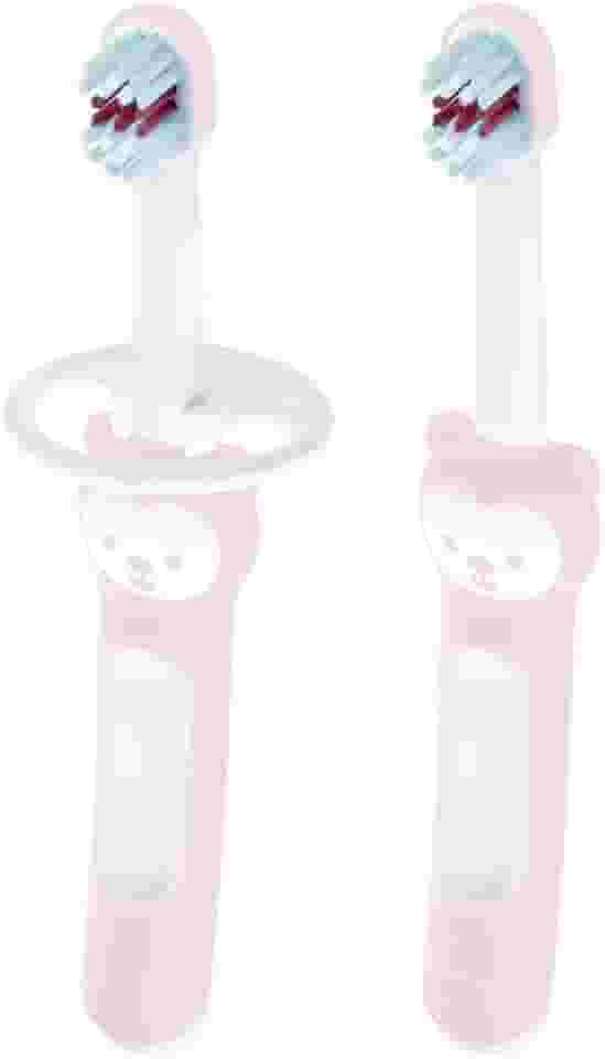 MAM Baby Kit com 2 Escovas de Dentes Baby's Brush com Trava de Segurança para Crianças de 6+ Meses Com Cabo Ergonômico e Fácil de Segurar, Rosa