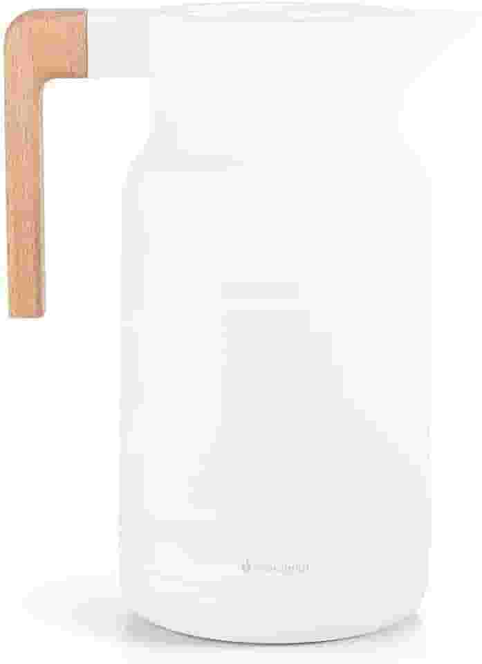 TERMOPRO Garrafa Termica 1 Litro Branca Wood Fashion Bule Cafe Cha Suco com Ampola de Vidro Tampa Vedada Acabamento Madeira Design Sofisticado Elegante Mesa Posta Gourmet