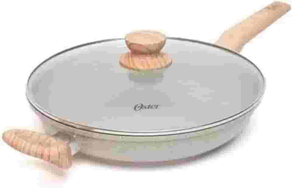 OSTER Frigideira Antiaderente de Cerâmica 28cm com Tampa Marble Edition - Construção em Alumínio e Revestimento Duplo de Cerâmica, Cabo Revestido em Silicone, Compatível com Indução - Cinza Dust