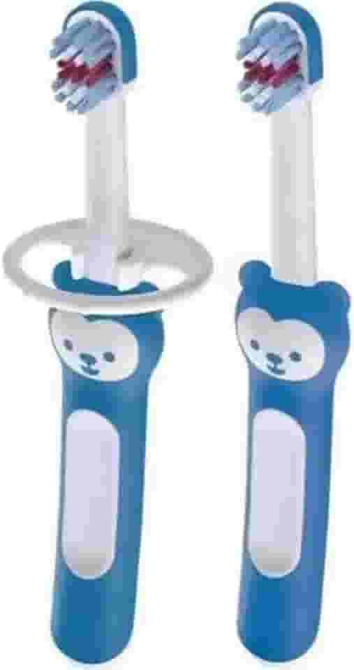 MAM Baby Kit com 2 Escovas de Dentes Baby's Brush com Trava de Segurança para Crianças de 6+ Meses Com Cabo Ergonômico e Fácil de Segurar, Azul