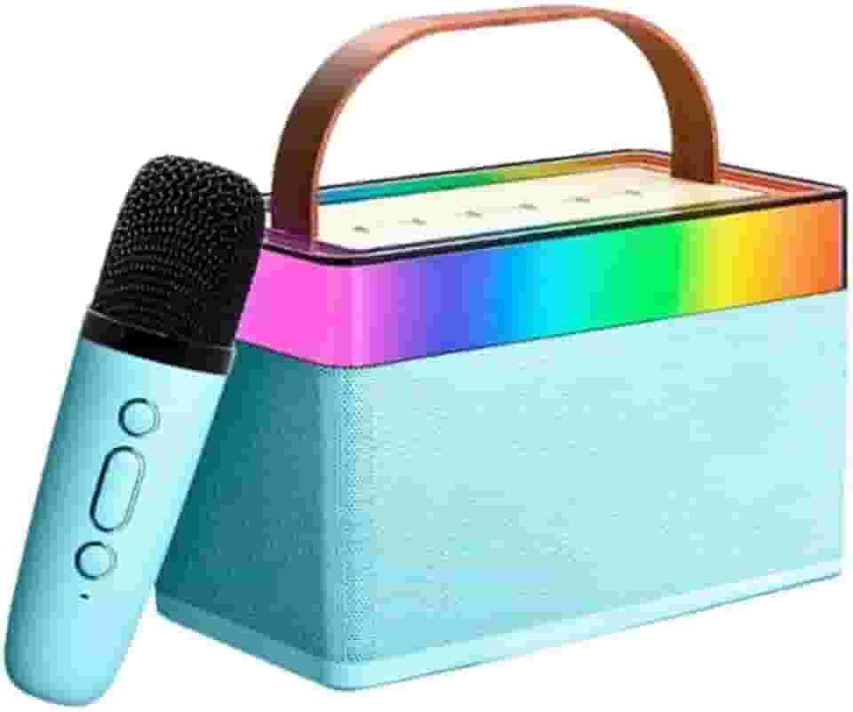 Caixa de Som Portátil com Karaokê, Microfone Sem Fio, Iluminação RGB, 10W RMS, Bluetooth, USB (Azul)