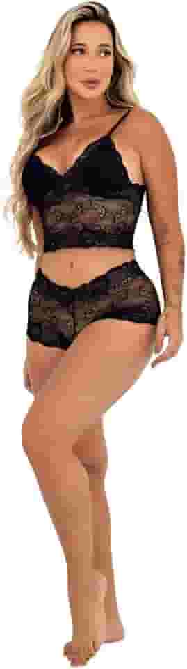 Conjunto de Renda Espera Marido Lingerie c/Forro Sensual Sem Bojo Cropped Calcinha Calesson Caleçon