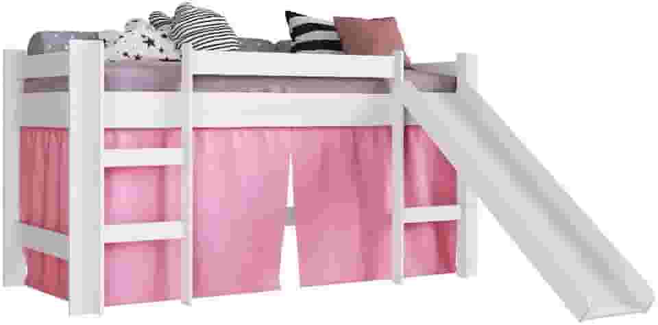 Cama Elevada com Escorregador Branco com Cortina Rosa Lilies Móveis