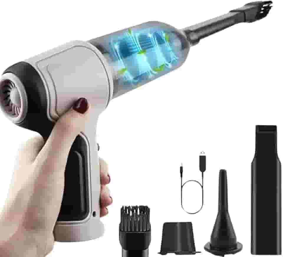 Aspirador de Pó Portátil Sem Fio USB Recarregável 3 em 1 Função Aspirador, Soprador, Inflador, Compacto Ideal para Casa, Carros, Escritório Bateria Durável e Motor 120W Linha Premium (Cinza)