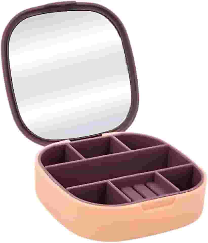 Espelho de Bolsa com Estojo Porta Joias Compacto Organizador de Anéis, Brincos, Colares e Batom – Case Portátil de Viagem, Espelho Facial (Rosa)