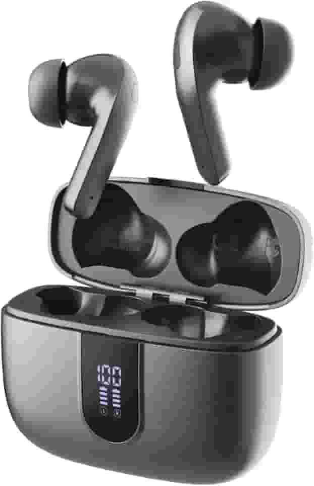 Fone de Ouvido Sem Fio Bluetooth, 40 Horas de Reprodução com Display LED, Estéreo Intra-Auricular Esportivo, IPX5 à Prova D'Água, Suporta chamadas de voz, adequadas para Android e IOS (Cinza)