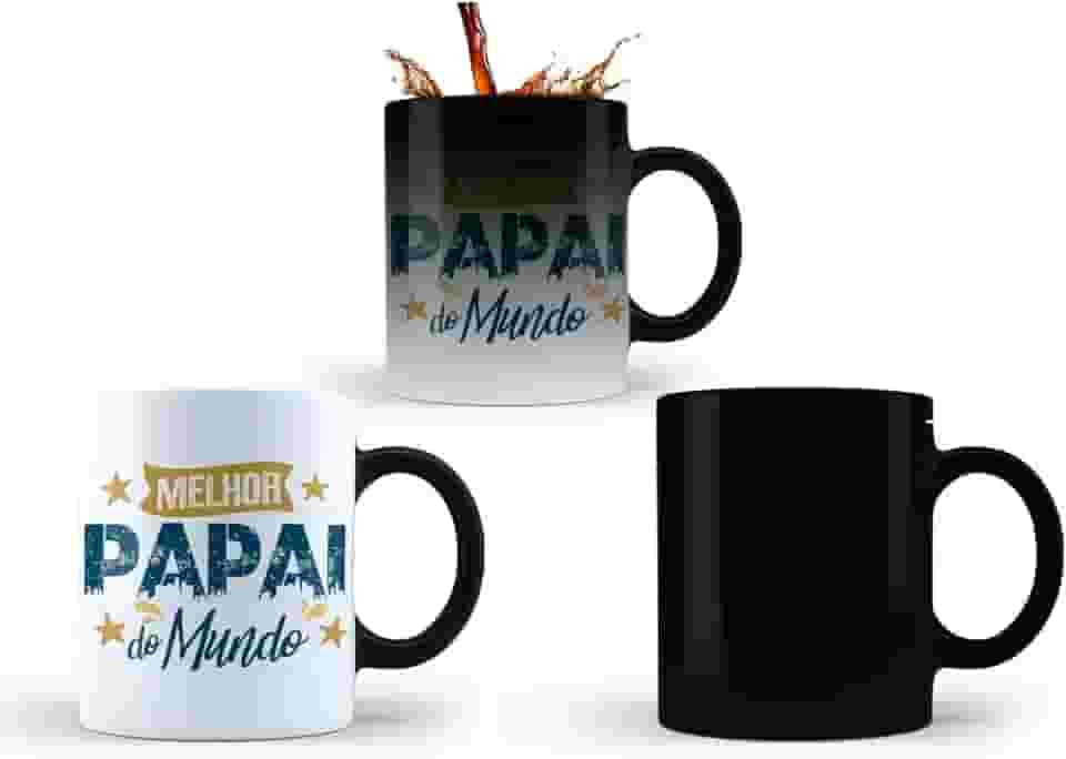 Caneca Mágica Dia dos Pais, Melhor Papai do Mundo, 325ml, Preta, Cerâmica, Presente