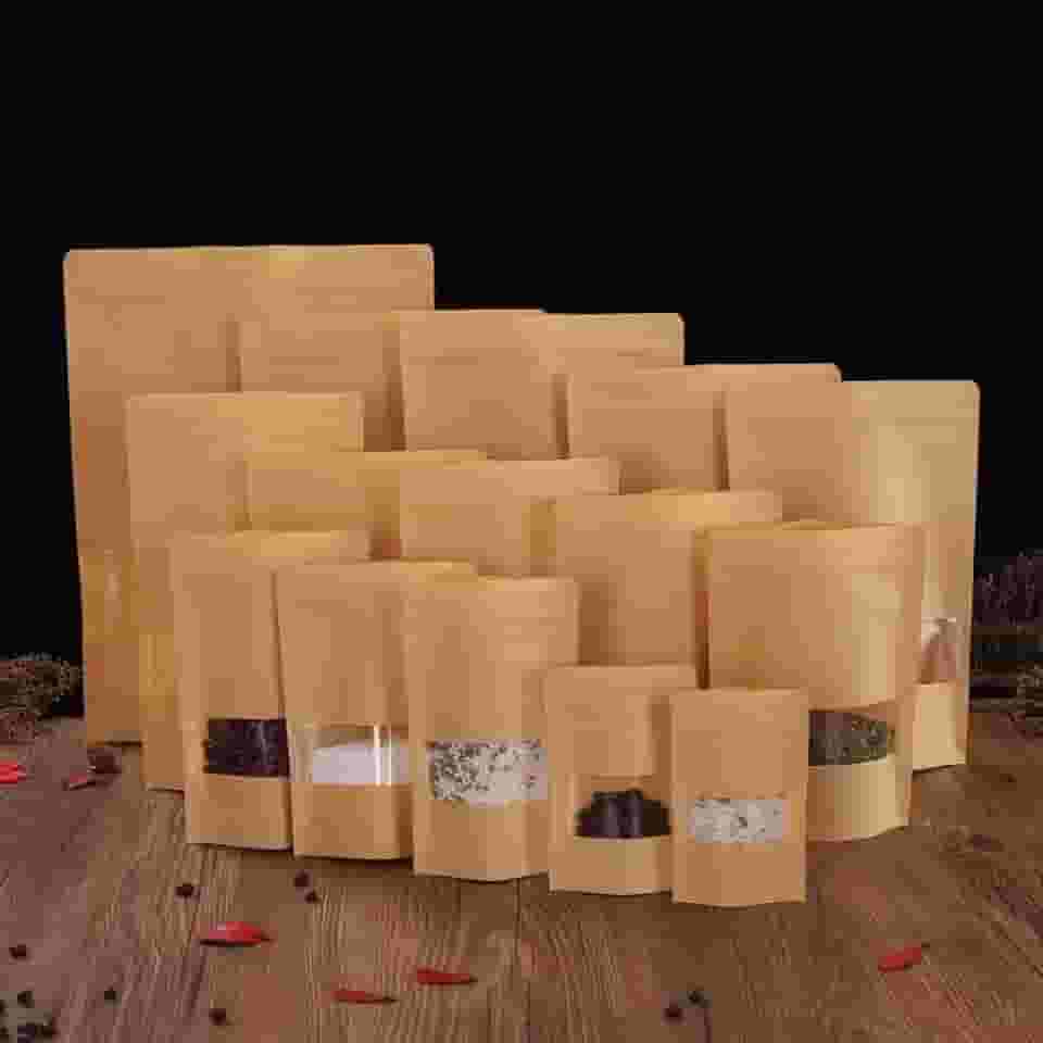 Sacos de Papel com Visor - Stand Up Pouch Kraft Fosco com Zip Lock (Pacote com 50 Unidades) (9x14cm)