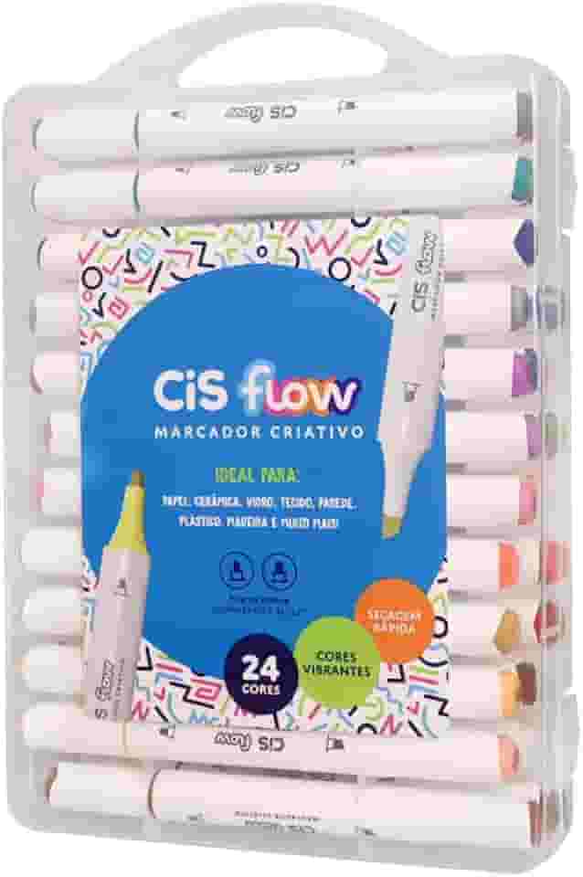Marcador Criativo Acrílico CIS FLOW, Ponta dupla, Não transfere para o outro lado, Estojo com 24 cores