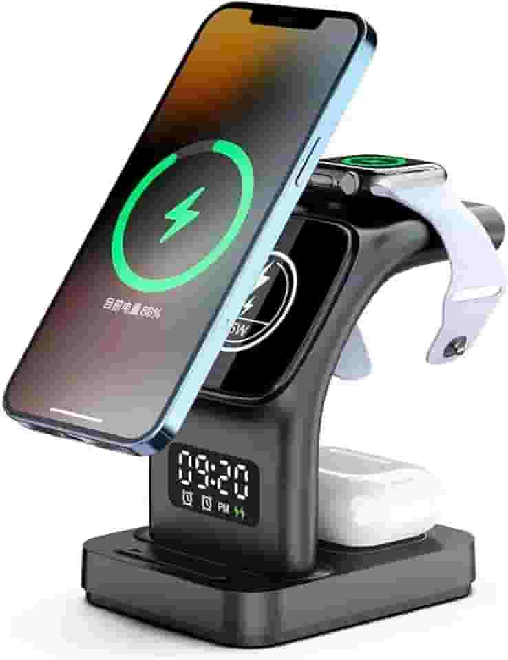 Carregador Sem Fio 5 Em 1 Para iPhone, Para Apple Watch e Para AirPods Estação de Carregamento Rápido Com Relôgio, Despertador e Luz Noturna (Preto)