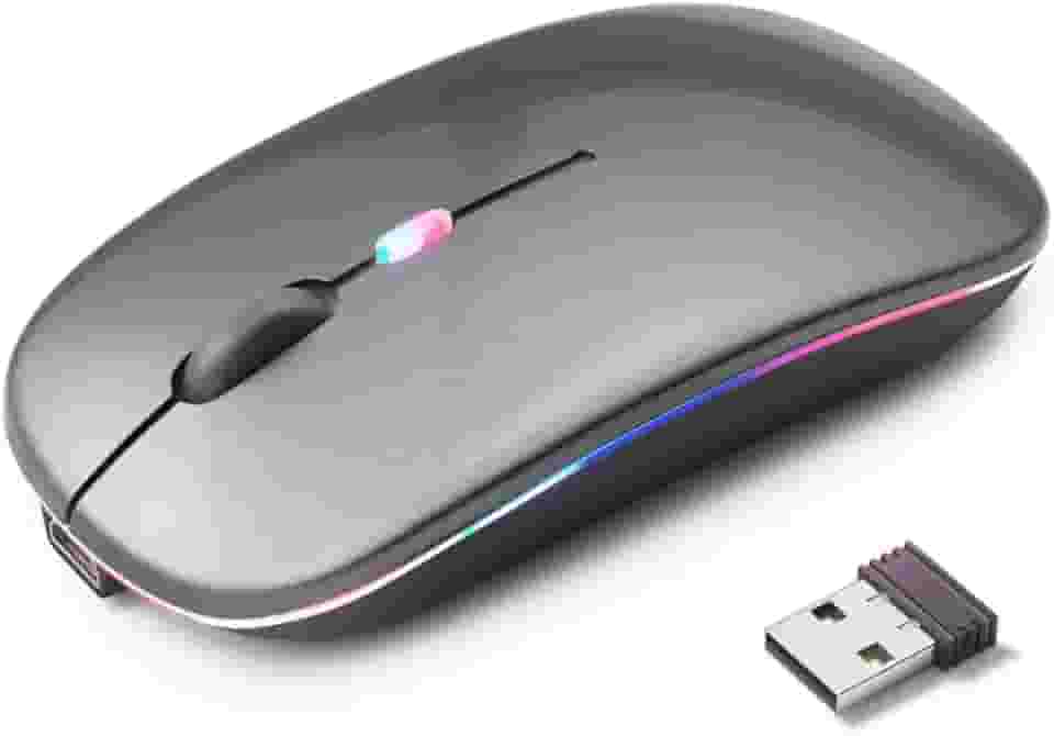 Mouse Sem Fio Premium Recarregável, Design Ergonômico, Clique Silencioso, Iluminação RGB Personalizável, Bluetooth 5.0 & Dongle USB, DPI Ajustável (Cor Cinza) - PREMIUM