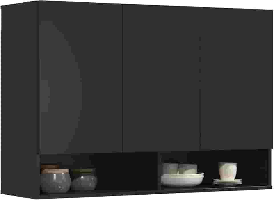 Armário Multiuso Aéreo 3 Portas Milão Parede Suspenso Cozinha Quarto (Preto)