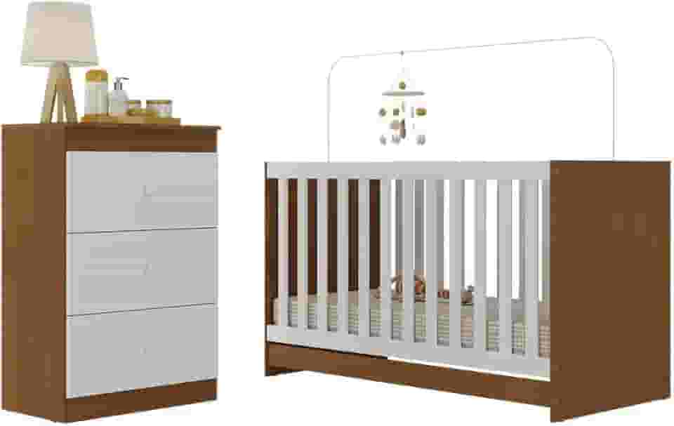Berço 3 em 1 para Colchão 130 x 60cm com Cômoda 3 Gavetas Doce de Leite Multimóveis Mp4239 Madeirado/branco