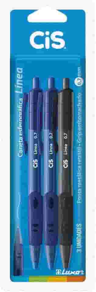 Caneta Esferográfica Línea Luxor 0.7 mm Blister CIS, 2 Azul/1 Preto, pacote de 3