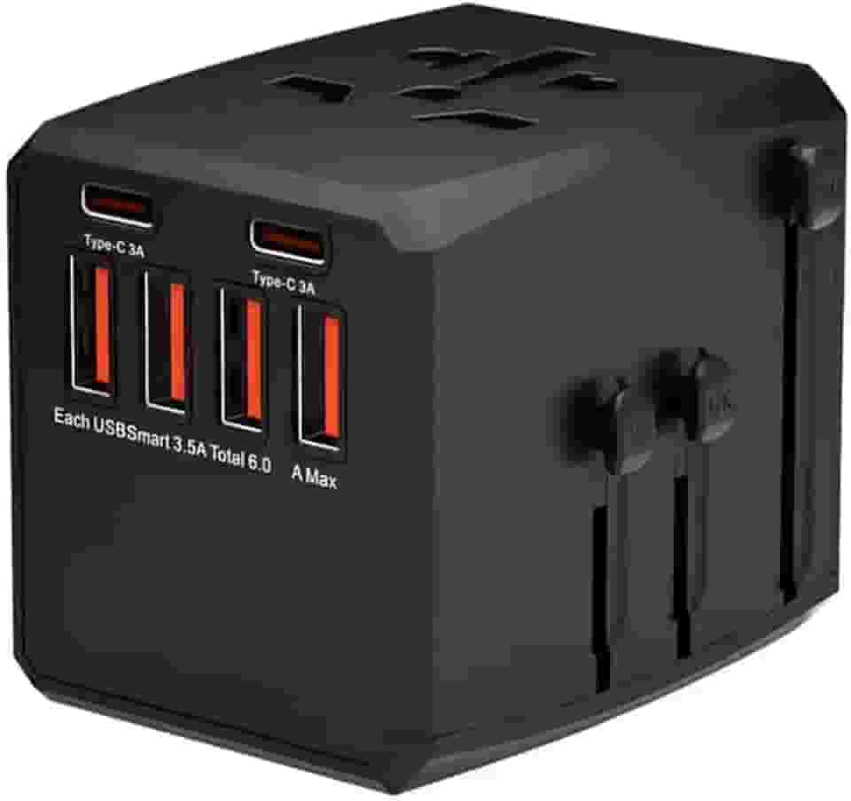 Adaptador Universal de Viagem com 4 Portas USB e 2 Portas USB-C, Carregador Múltiplo de Parede, Preto, 6 Saídas