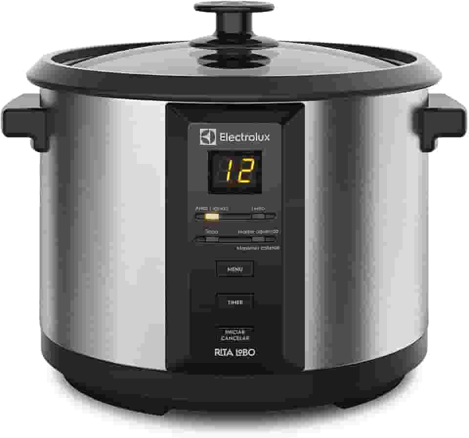 Panela Elétrica Electrolux vapor arroz capacidade 1,8L 10 xícaras 4 funções pré-programadas timer panela removivel antiaderente tampa vidro ECC20 inox 127v por Rita Lobo