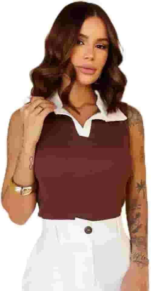 Blusa Polo Feminina Regata, Ribana Canelada, Design Bicolor Preto e Branco, Gola Clássica, Casual