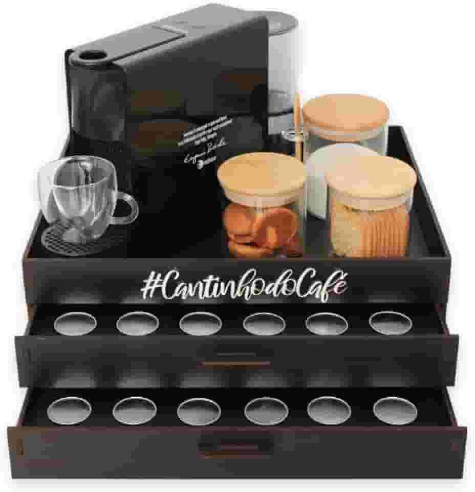 Bandeja Porta Capsulas Cantinho do Café com 2 Gavetas Organizador Suporte Cafeteira Compatível com 3 Marcas, Dolc&Gusto, N&spresso e 3 coraçoes (Preto - Nespresso)