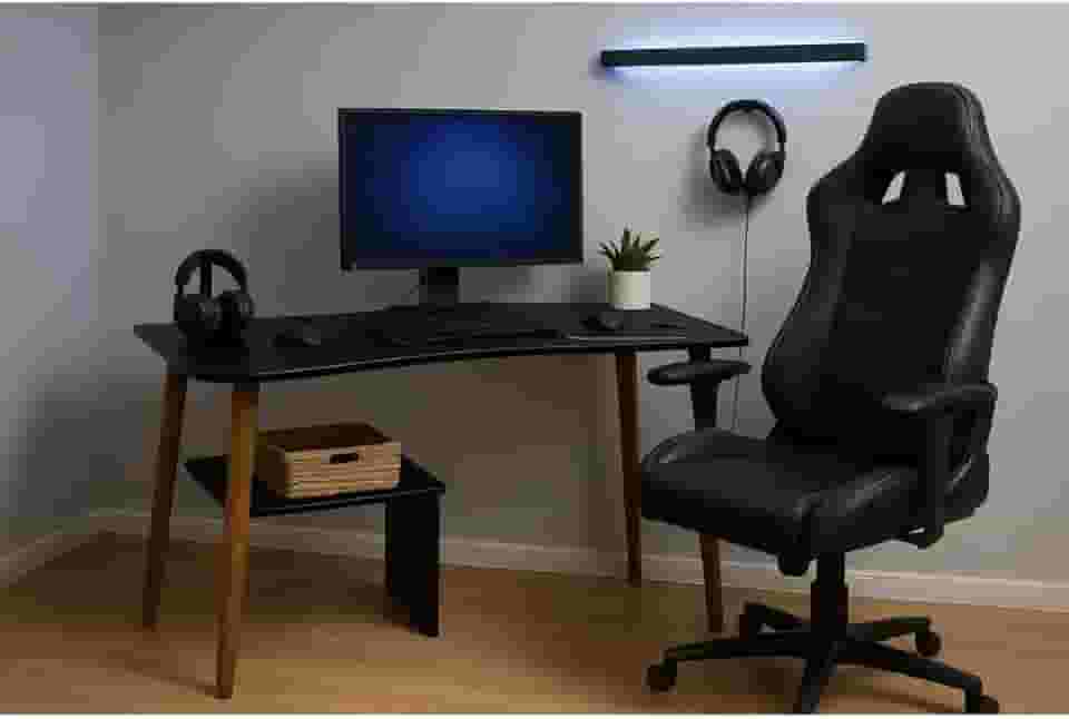 Escrivaninha MDF com Pés de Madeira, Mesa de Estudo Compacta para Home Office e Quarto(Preto)