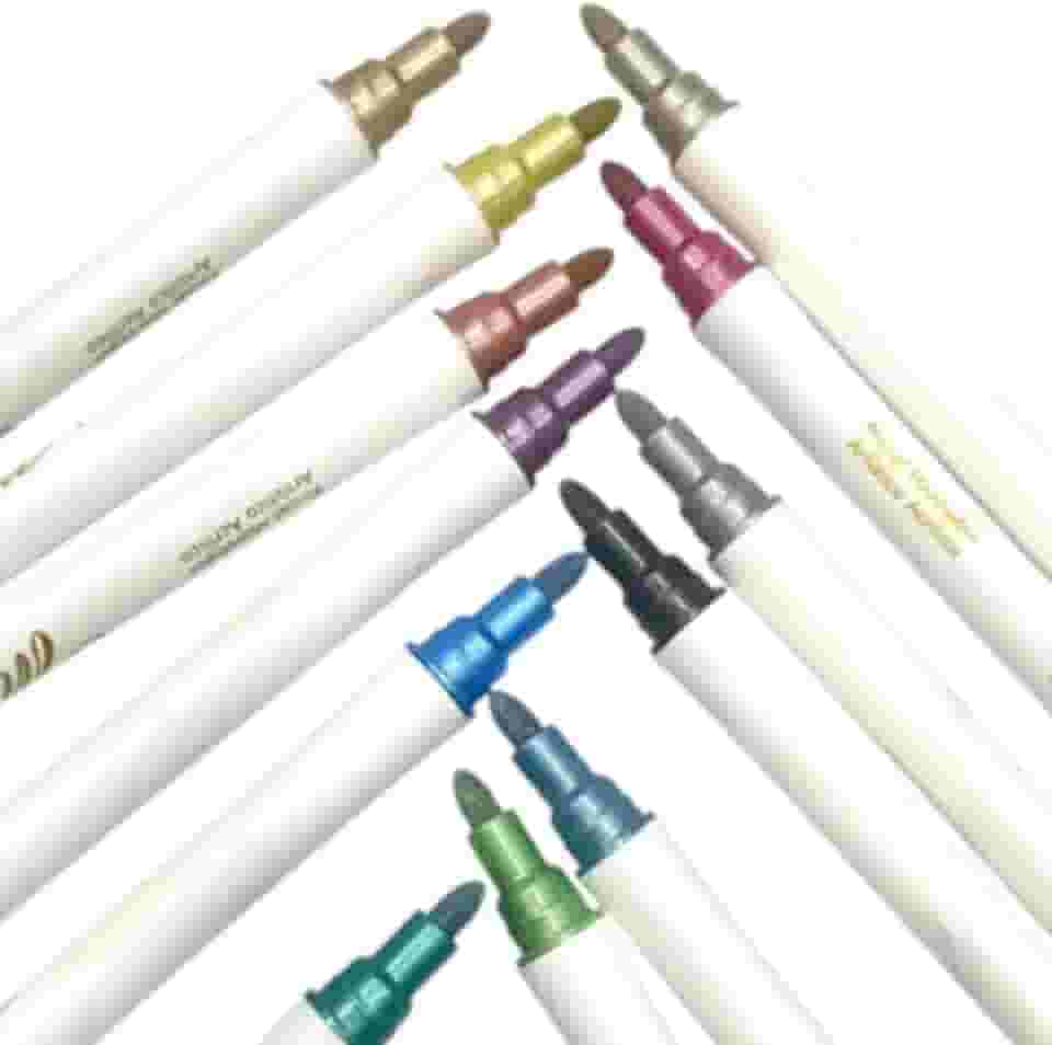 Conjunto de Canetas Marcadores Metálicos 12 Cores Metálicas Sortidas Pincel Artístico Escreve em Superfícies: Vidro Papel Pedra Madeira Cerâmica e muito mais