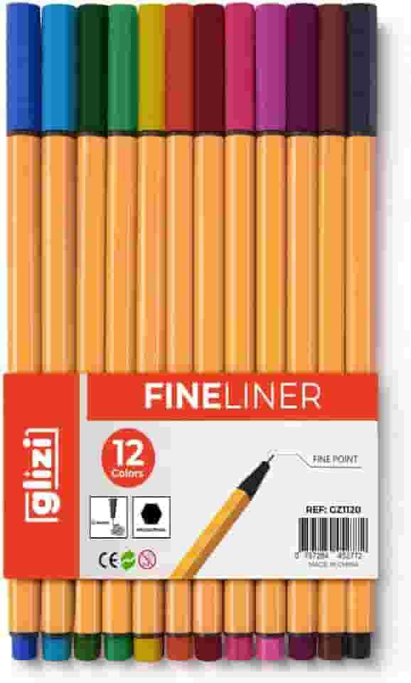 Glizi Fineliner, Canetas Coloridas Ponta Fina 0.4mm, Kits com 10/12/24 Cores, Design Hexagonal (12 Cores (Amarela))