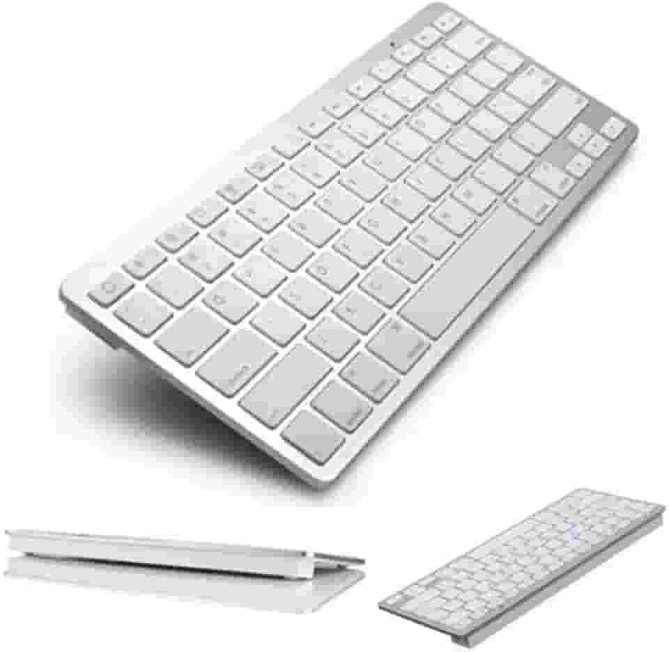 Teclado Sem Fio Bluetooth, Design Ultrafino, Teclas Baixo Perfil, Cor Branca e Prata, Compatível com Mac e PC