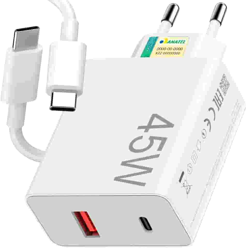 Kit Carregador Turbo 45W Ultra Rápido Tipo C e USB Com Carregamento Rápido + Cabo Tipo C Compatível Com Todos Aparelhos USB-C Qualidade Premium