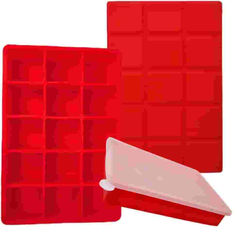 SYMEON Forma de Gelo Silicone Com Tampa Livre de BPA Flexivel 15 Cubos de 27ml Cada Prática Resistente e Reutilizável Forma Para Papinha Gelatina Frutas (FORMAGELO-VERMELHO)
