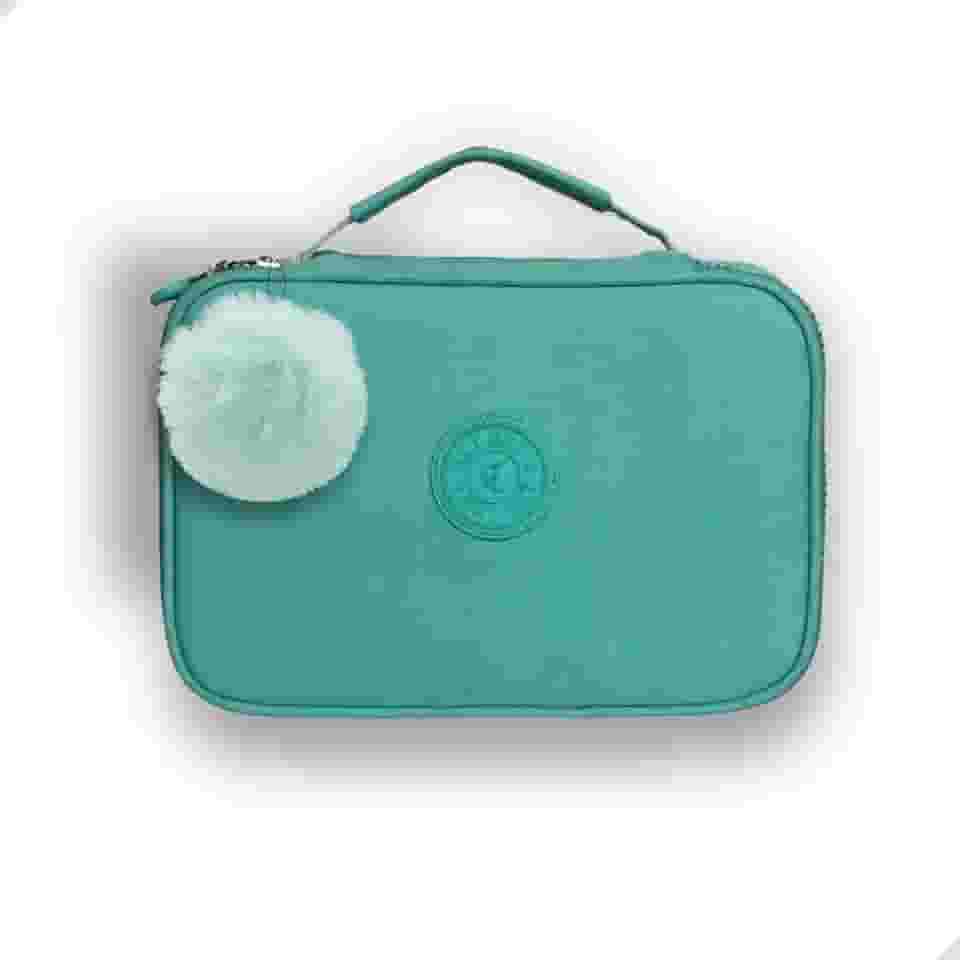 Estojo Escolar Grande de Nylon 23x15x6 cm com 24 Elásticos e Pompom, Várias Cores (Verde)