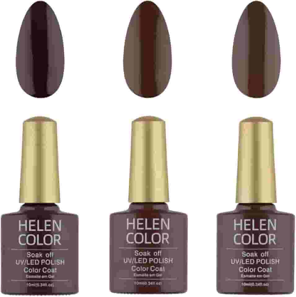 HELEN COLOR Kit 3 Esmaltes em Gel UV/LED 10ml Cada Frasco Secagem Rápida Alta Durabilidade Acabamento Brilhante (Marrom Escuro)